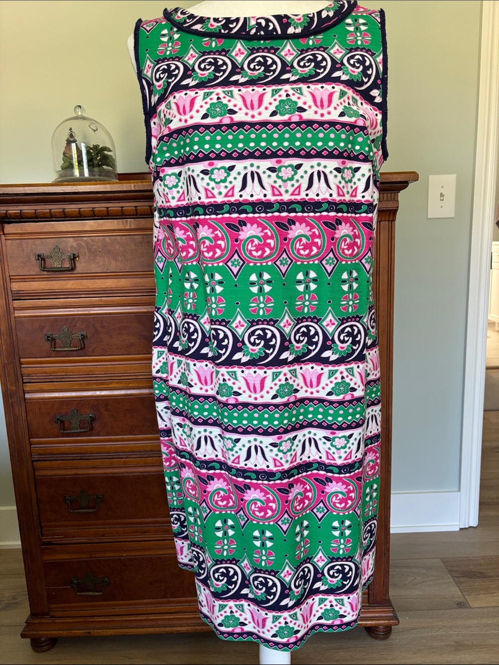 NWT Talbots Fringed Sheath Dress Pink/Green/Navy Size 12 Preppy Mod Floral